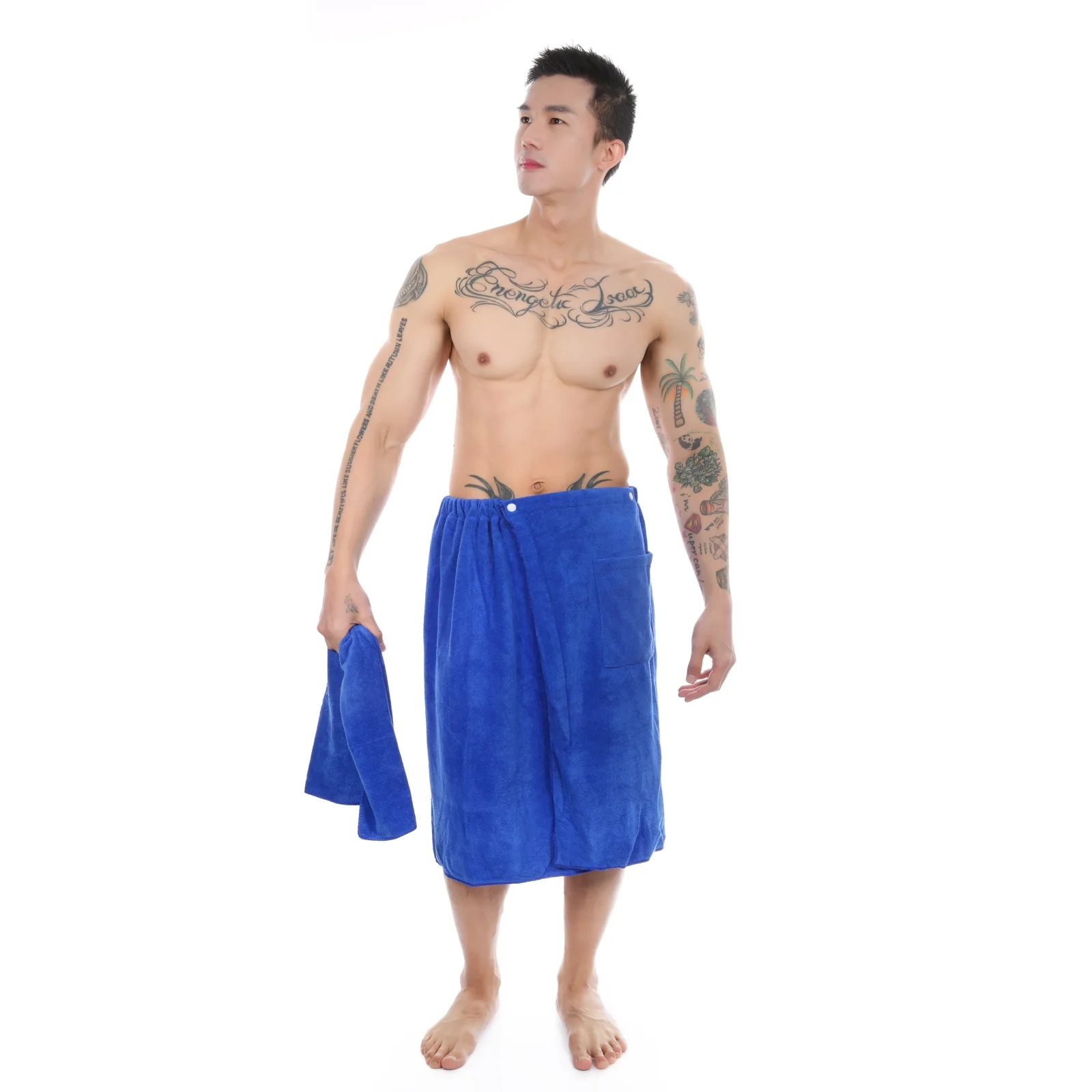 Men's Soft Bathrobe Wearable Bath Towel With Pocket Comfy Sports Gym Swimming Beach Blanket Shower Skirt Bath Set 2 PCS