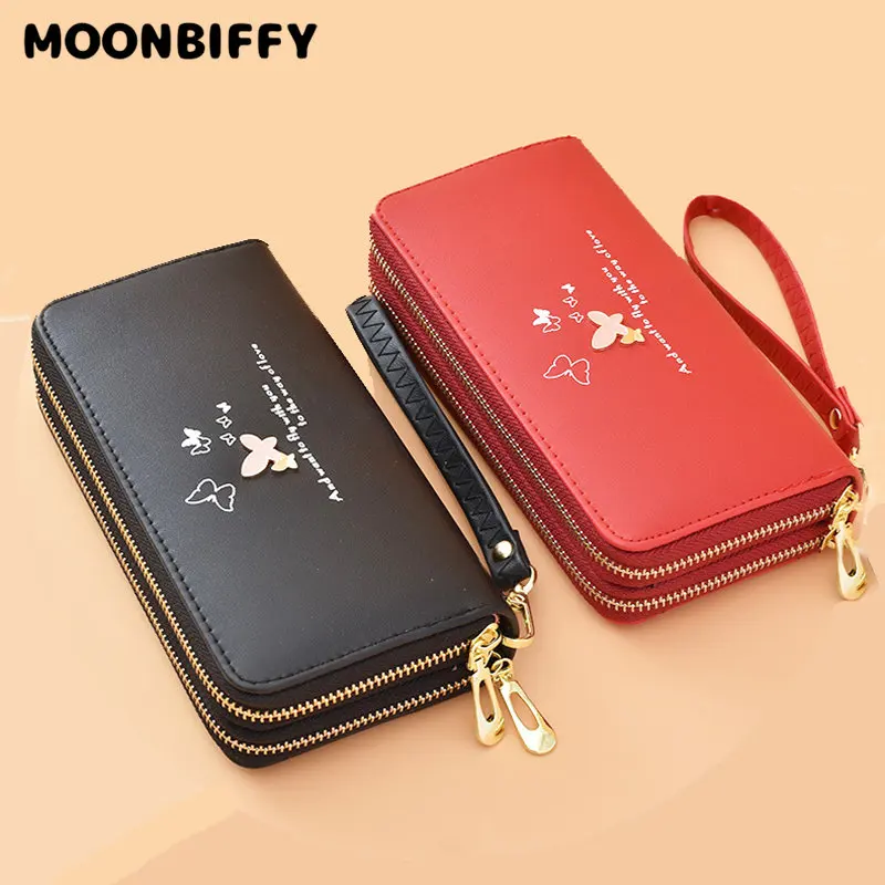 

Double Zipper Butterfly Wallets Fashion Lady Wristlet Handbags Long Money Bag Coin Purse Card ID Holder Clutch Woman Wallet