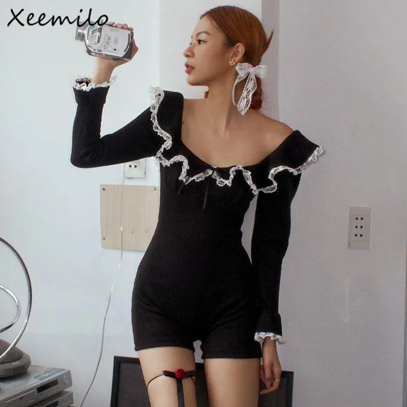 

Кружевной лоскутный комбинезон Xeemilo с длинным рукавом сексуальный комбинезон с круглым вырезом эластичный Облегающий комбинезон в рубчик 2023 осенний тонкий комбинезон с открытой спиной футболка