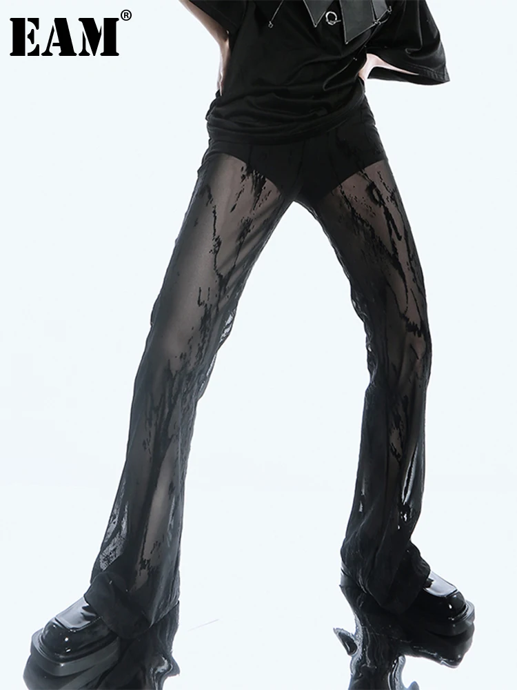 

[EAM] High Elastic Waist Black Flocking Long Perspective Trousers New Loose Fit Pants Women Fashion Spring Summer 2023 1DE1500
