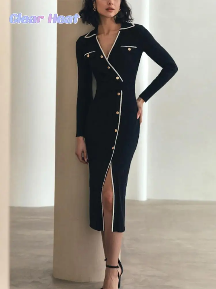 

Women Elegant Chic Contrast Single Breasted Dress Fashion Lapel Long Sleeve Slim Fit Vestidos Autumn Ladies Party Commuter Robes