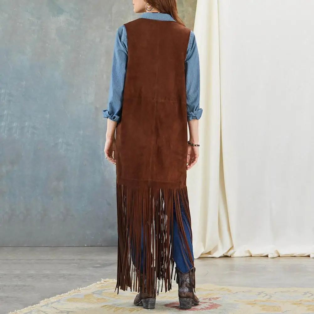 

Western Fringed Vest Boho Chic Fringe Vest 70s Hippie Cardigan with Patch Pockets Tassel Details Women Long Fringed Waistcoat