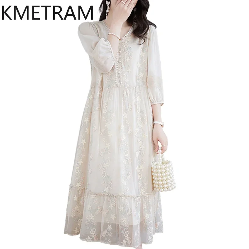 KMETRAM платья из 100% тутового шелка белое платье летняя женская одежда длинные