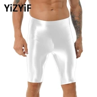 mens glossy swimsuit elastic waistband short leggings swimwear oil shiny smooth tight sport fitness gym swimming truck shorts