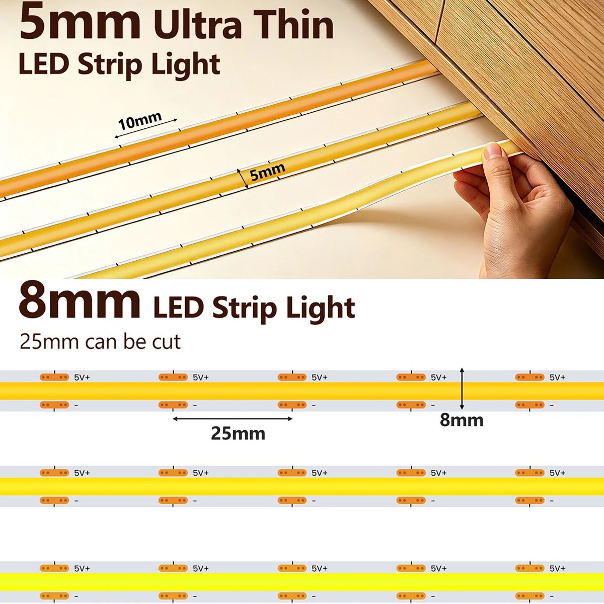 Фото Светодиодная лента COB 5В, 5мм/8мм, на плате PCB, с батарейным отсеком на 3xAA, 320 светодиодов, белая, теплая, красная, синяя, гибкая, яркая, для дома, шкафов, ТВ, фонового освещения, декора №4