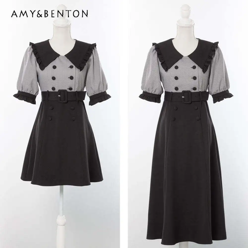 

2023 Summer New Short Sleeve Dress High Waist V-neck A- Line Patchwork Long Dress Belt Waist Retro Style Office Women's Dresses