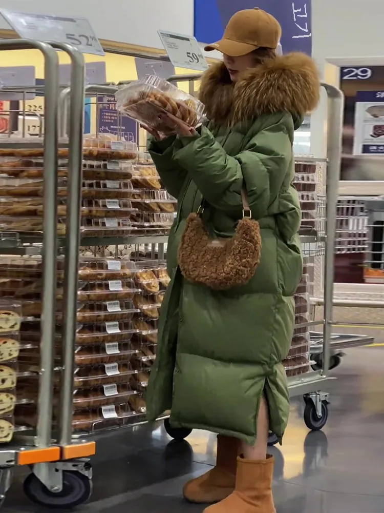 Женский пуховик с большим меховым воротником Длинная утепленная куртка выше