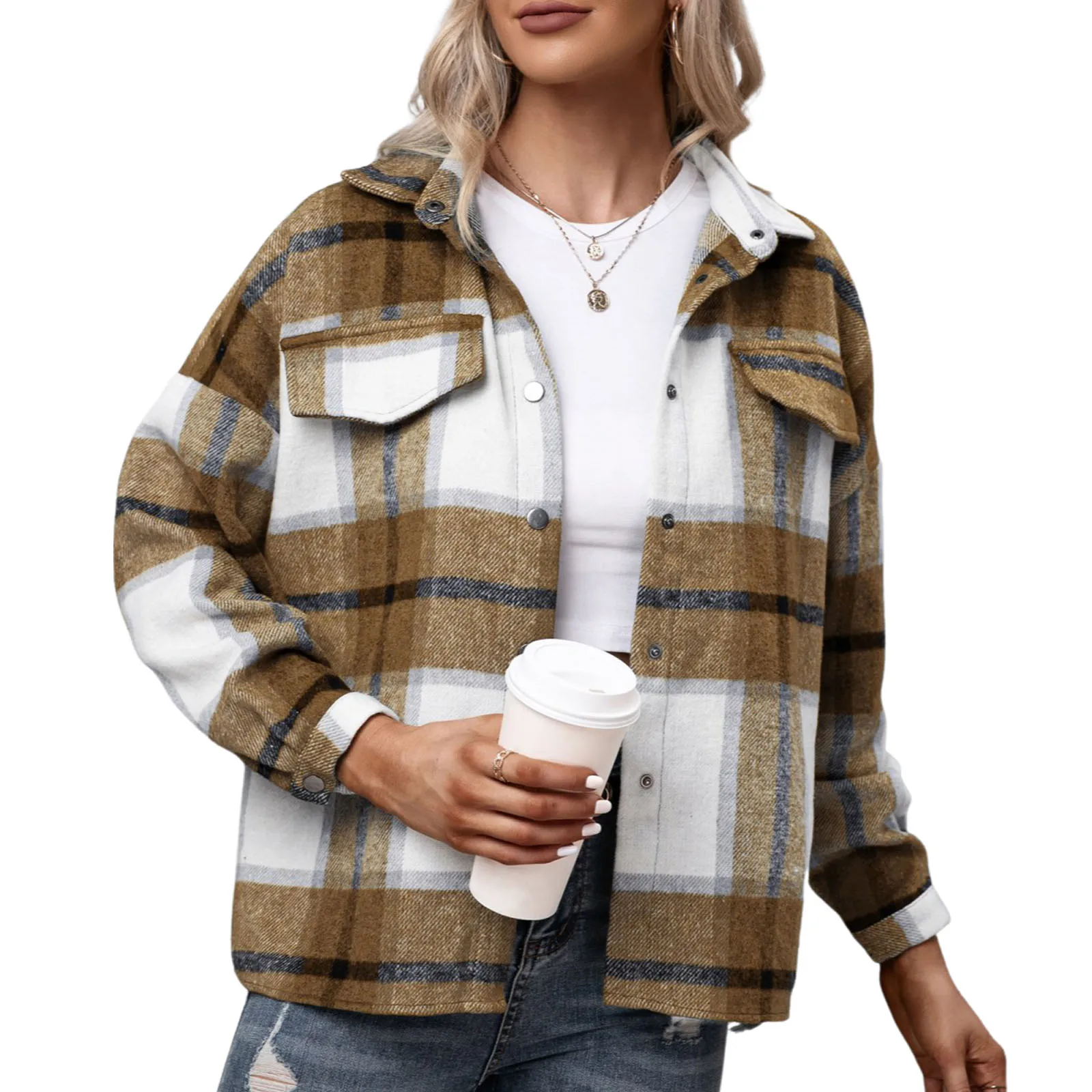 

Women's Button Down Lapel Jacket, Casual Long Sleeve Plaid Print Loose Shirt Coat