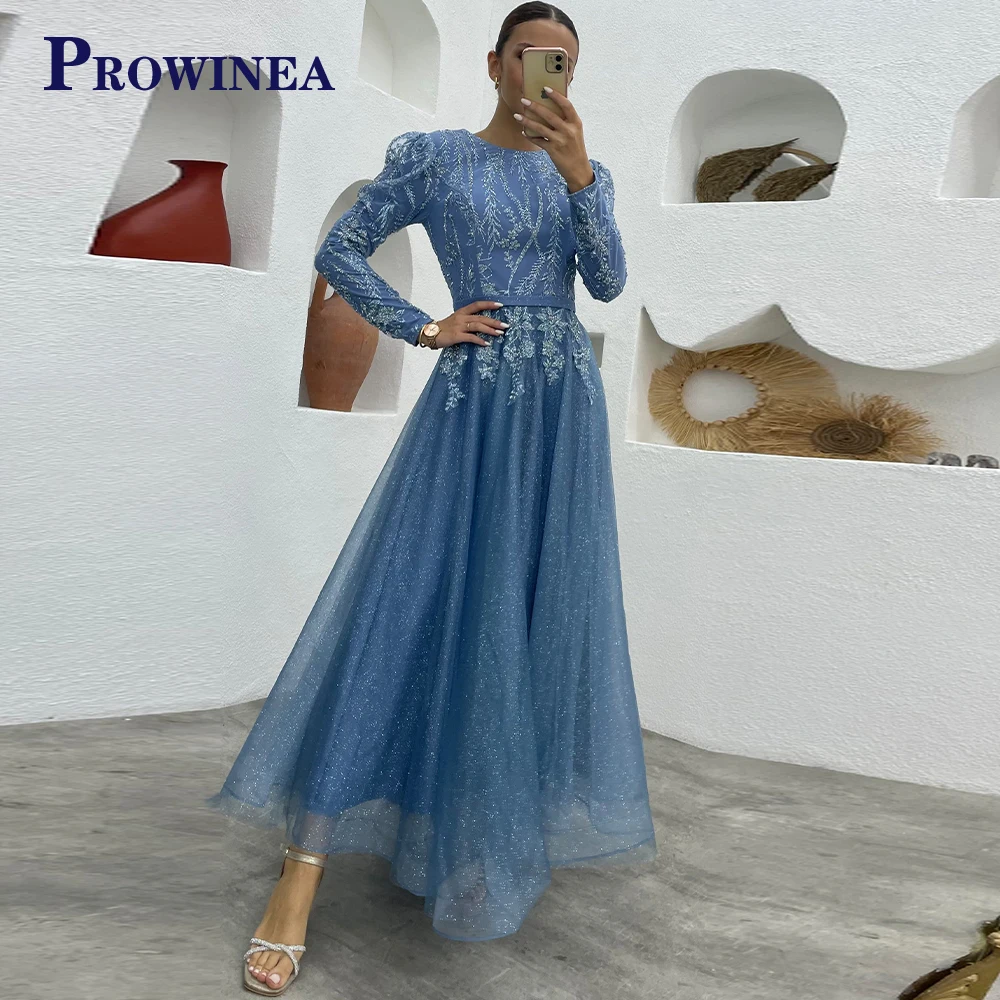 

Prowinea Sparkly Full Sleeve Scoop Fancy Evening Gowns For Women Tulle Pleat Floral Print Personalised Vestido De Fiesta A-Line