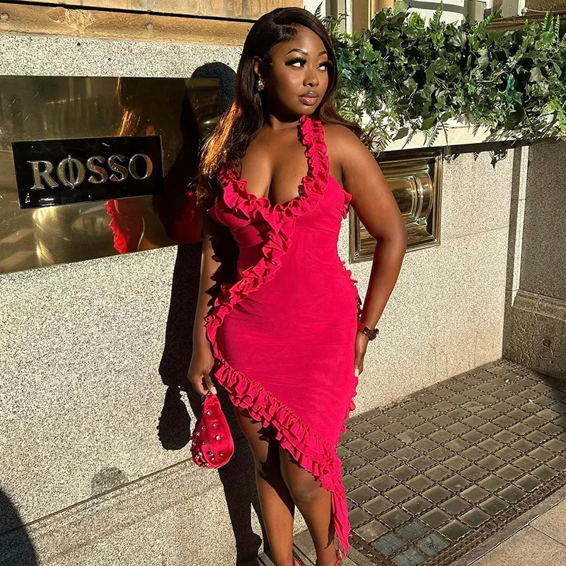 

Mesh Ruffles Tassel Backless Slim Mini Dress Women Off Shoulder V Neck Sleeveless High Waist Irregular Dresses Party Clubwear