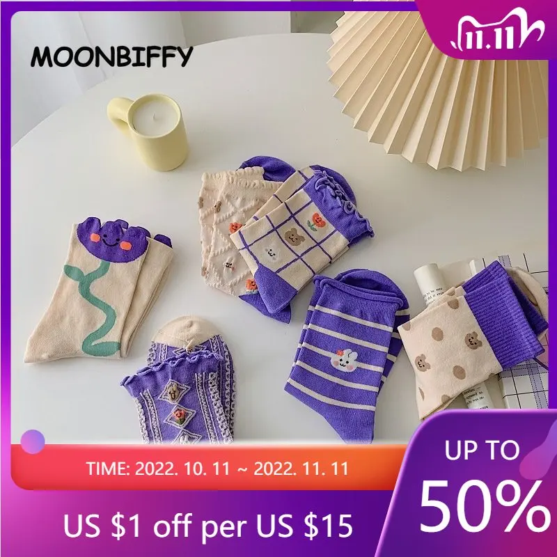 

Фиолетовые носки женские милые носки средней длины на весну и осень милые цветы в японском стиле Ins Tide Harajuku для студентов скейтборда