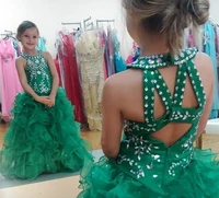 emerald green pageant dress for children toddlers halter ball gown ruffles organza tiered luxury crystal flower girls dress