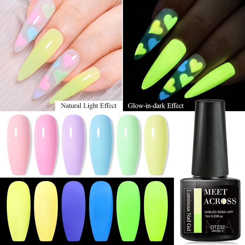 

MEET ACROSS Macaron Color Luminous Gel Nail Polish Candy Glow-in-dark Nails Semi-permanent Varnish Soak Off UV Gel Nail Art 7ml