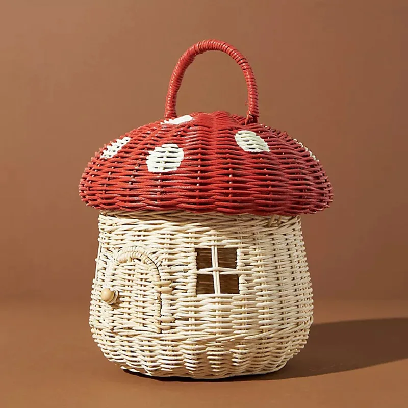 

Basket Rattan Organizer Box Summer Mushroom Beach Basket Bag Bags Baskets Hand For Kids Vacation Picnic Woven Straw Cute Storage