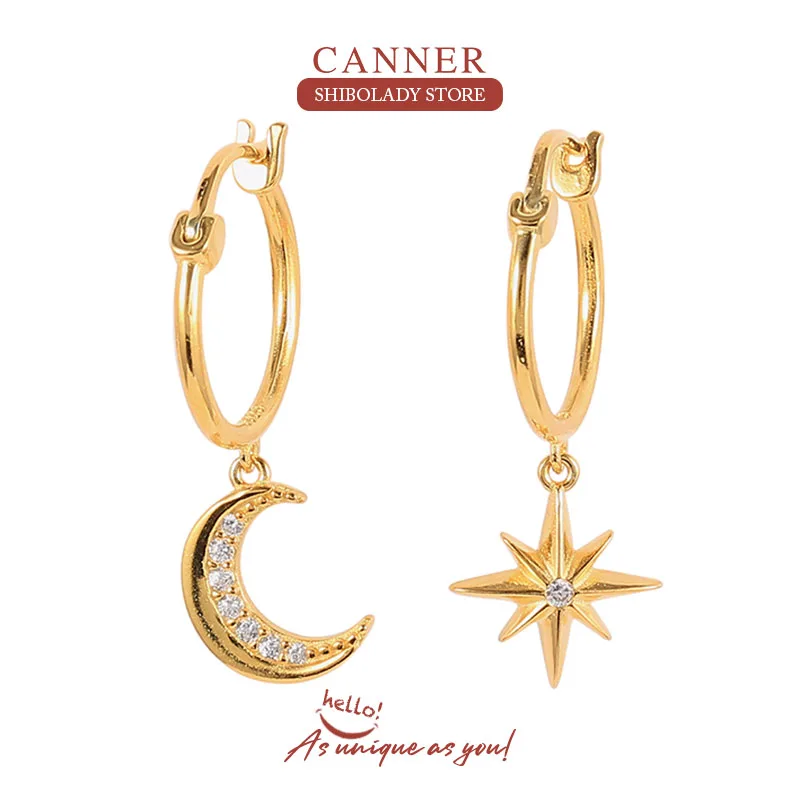 

CANNER Simple Moon Star Zircon Earrings For Women 925 Sterling Silver Earring Hoops Pendiente Plata Piercing Gold-Plated Jewelry