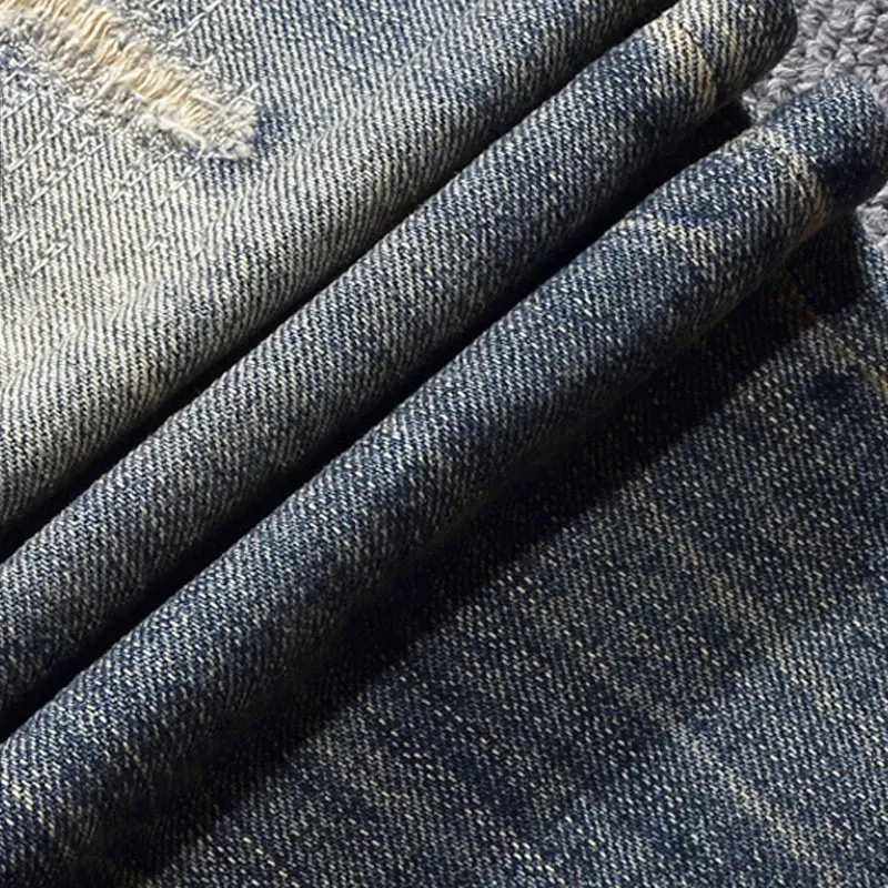 Fashion Vintage Men Jeans Retro Slim Fit Ripped Jeans Men Hole Trousers Embroidery Patched Designer Casual Denim Pants Hombre