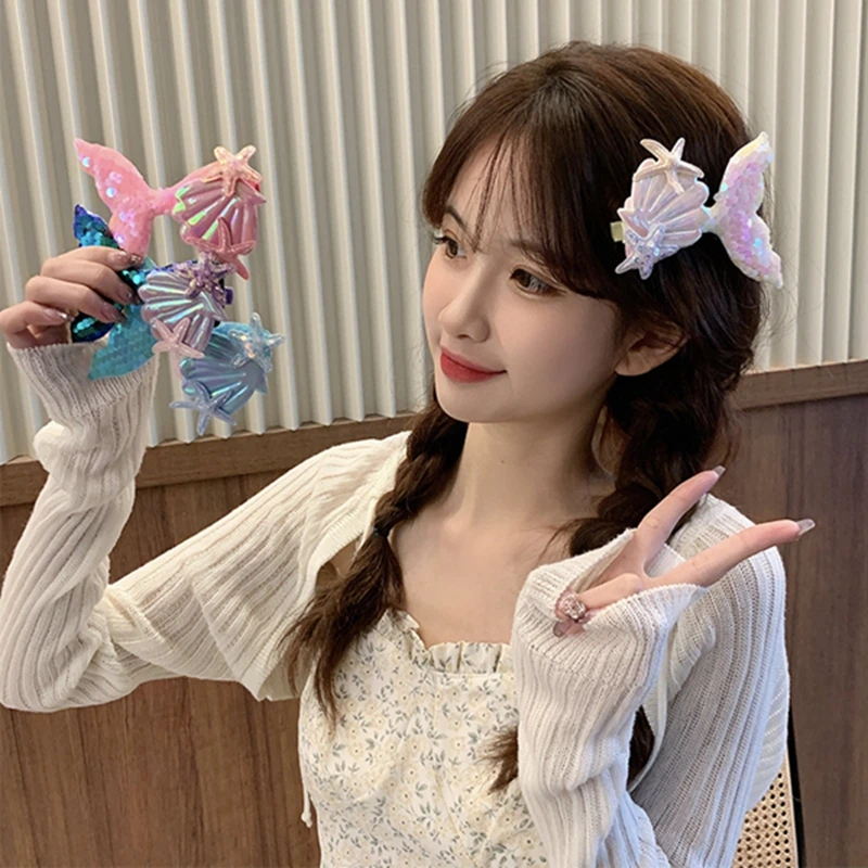 

Creative Glitter Fabric Appliques Cartoon Mermaid Seastar Shell Girls Hair Clips Pin for Women Fashion Barrettes Kids Headwear