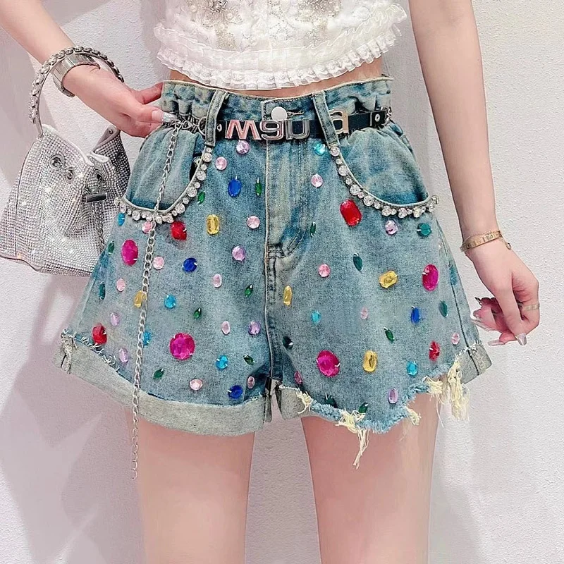 Design Heavy Industry Colorful Crystals Denim Shorts For Women 2023 Summer New High Waist Loose A-line Wide Leg Hot Kawaii Pants
