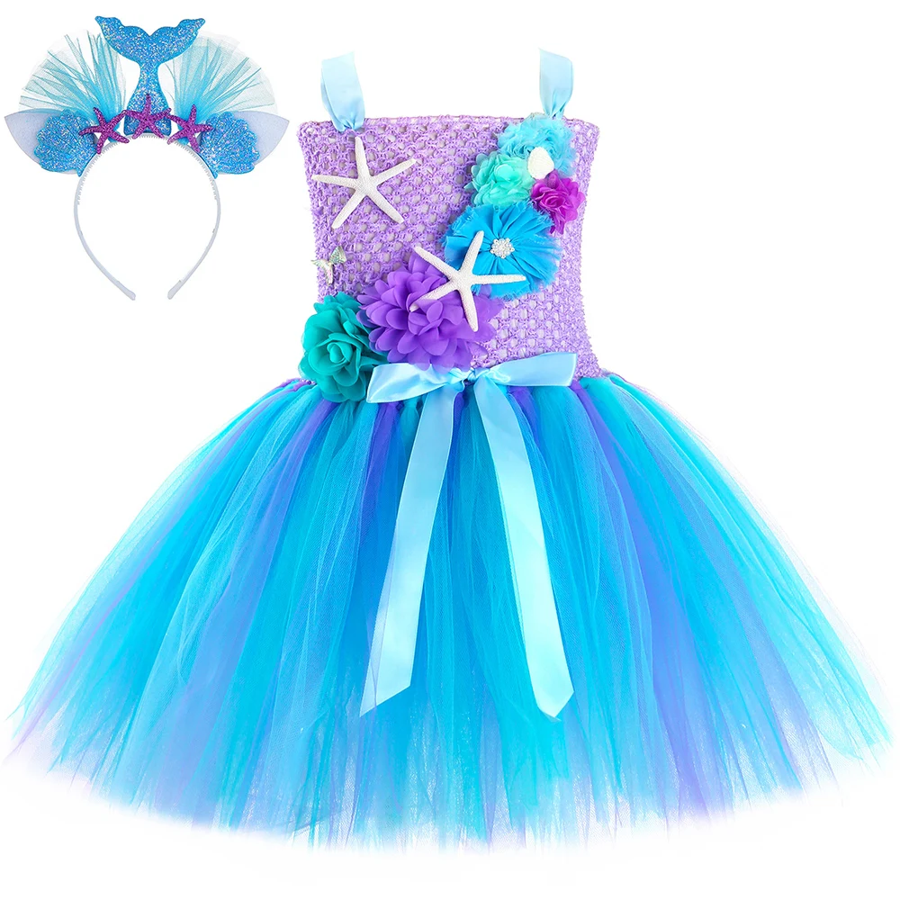 

Little Mermaid Tutu Dress for Girls Birthday Party Gifts Starfish Shell Flowers Princess Dress Up Kids Halloween Costume Clothes