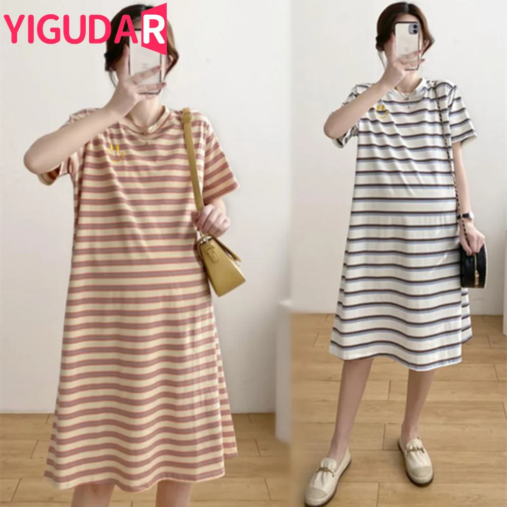 Enlarge Pregnancy Clothes Spring and Summer New Fashion Maternity Wear Striped Round Neck Breast-feeding Dress Maternity Maxi Dress