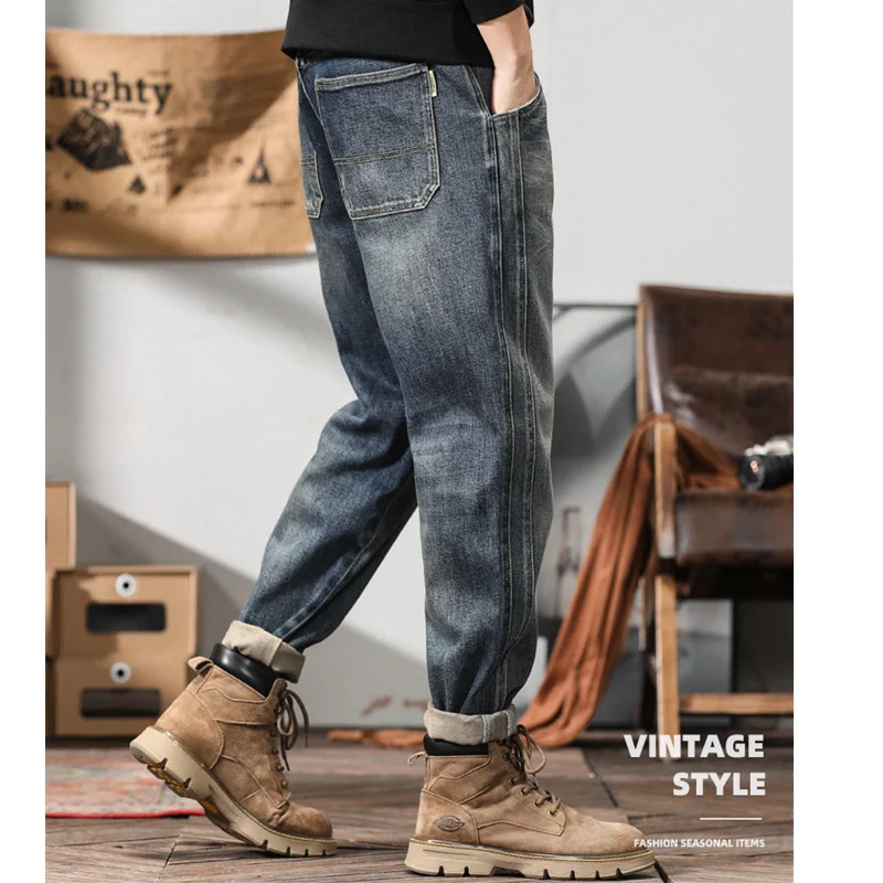 Streetwear Men American Vintage Loose Blue Jeans 2022 Autumn and Winter New Pattern Fashion Straight Cylinder Trousers Female