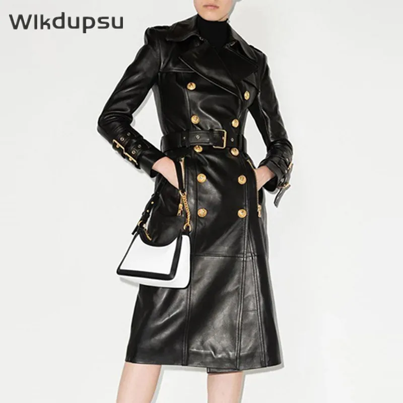 

Женский Длинный тренчкот из искусственной кожи, элегантное винтажное двубортное пальто из мягкой искусственной кожи, роскошный брендовый дизайнерский плащ