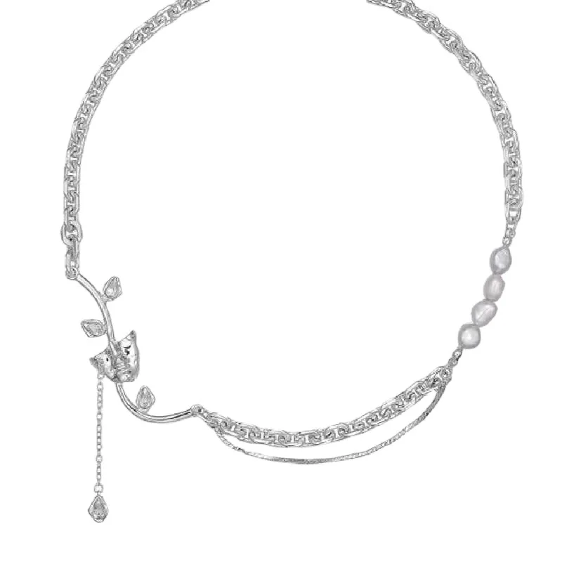 

Sheishow Romantic Vintage Tassel Rose Pendant Necklace for Women Metal Pearl Stitching Design Clavicle Chain Girl Choker Jewelry