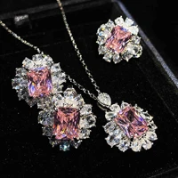 luxury bride wedding jewelry set for women romantic pink imitated diamond pendant necklace earring ring valentine%e2%80%99s day gift set