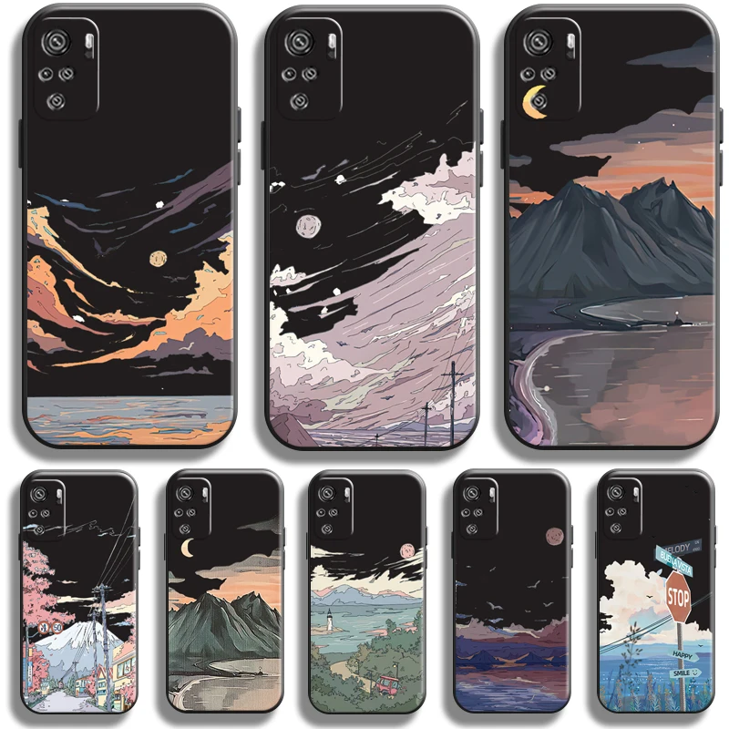 

Landscape Painting Phone Case For Xiaomi Redmi Note 10 10S Pro Redmi Note 10 10T 5G Funda Back Coque Liquid Silicon Carcasa