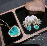 ice blue heart pendant necklace antique bow zirconia sweet love romance women vintage advanced jewelry set