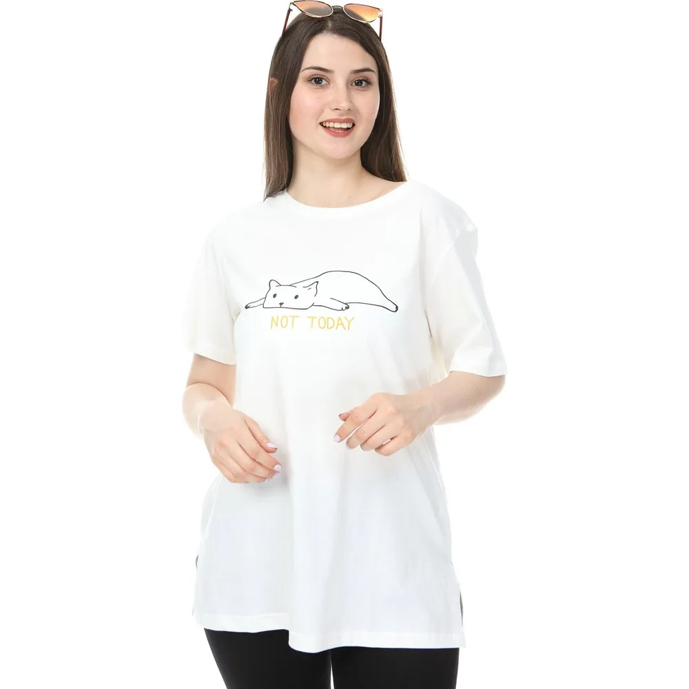 

Dorlie Women Large Size O Neck Printed Half Sleeve Knitted T-Shirt Ecru P29016