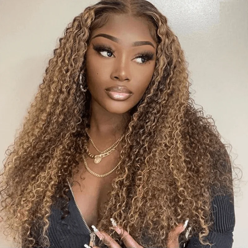 Blonde Highlight Wig Human Hair Wigs 4/27 Ombre Kinky Curly 13x4 Lace Frontal Wigs 4X4 Lace Closure Wigs Brazilian Remy Hair