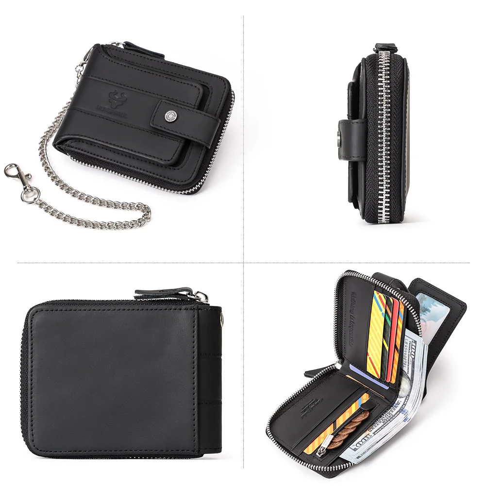 Мужской кошелек KAVIS из 100% натуральной кожи с цепочкой двойной складной на молнии