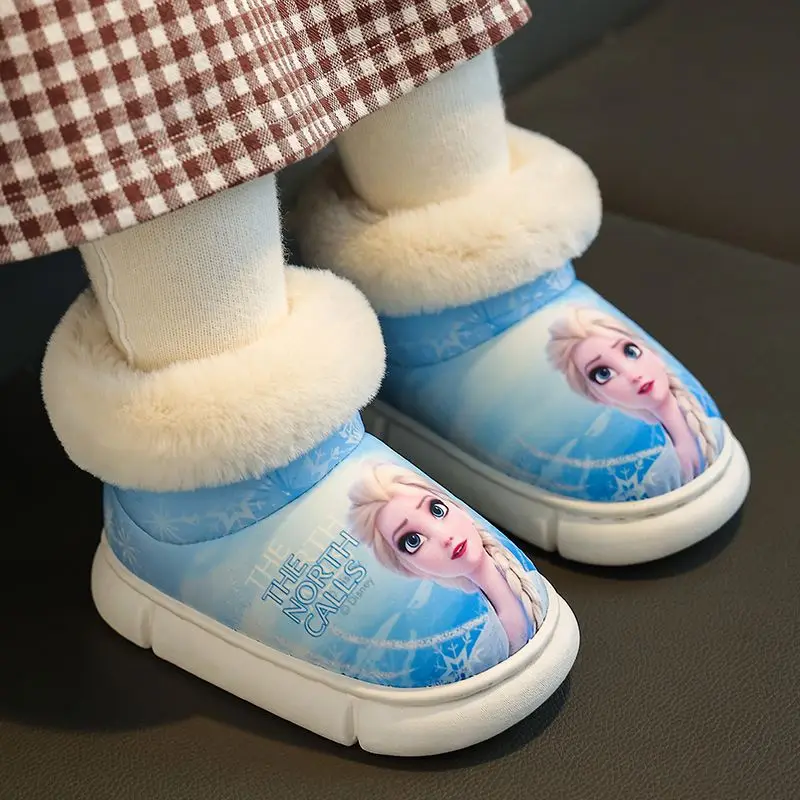 Disney Princess Elsa Children's Winter Cotton Cartoon Casual Shoes Girls Fur Baby Snow Warm Shoes Boots Blue Shoes Size 22-35