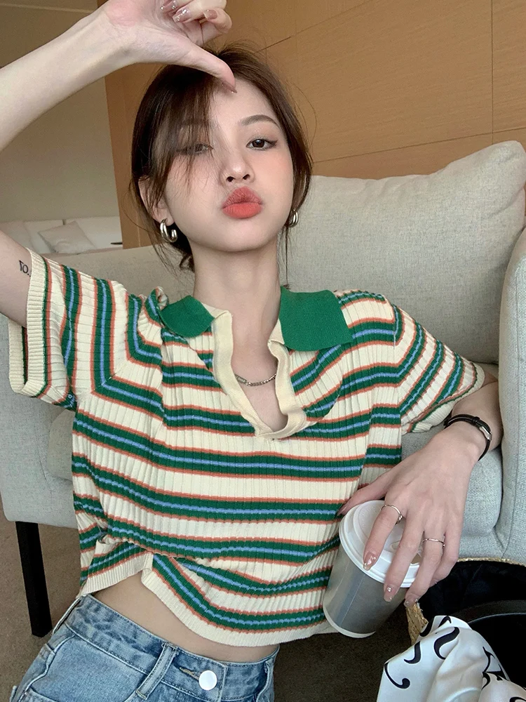

Женская винтажная трикотажная футболка в полоску, модные укороченные топы с коротким рукавом в Корейском стиле, Новинка лета 2022, подходящие...