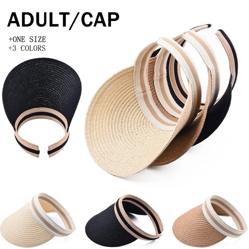

Women Fashion Sun Visor Cap Retro Summer Wide Brim Striped Empty Top Straw Cap Female Casual Outdoor All-match Sun Visor Hat