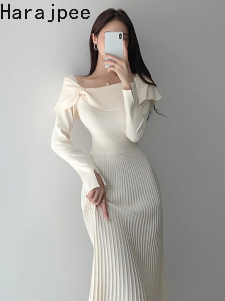 

Harajpee One Word Shoulder Waist Slim Knitted Dress Women French Gentle Fashion New Autumn Solid Color All-Match Long Skirt