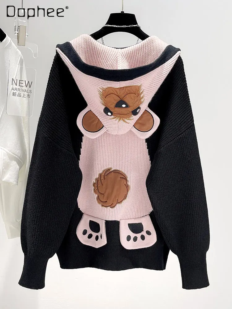 

Korean Style Mid-Length Fashion Cartoon Pattern Women's Knitted Cardigan 2022 Autumn and Winter New Thick Loose Sweater Coat