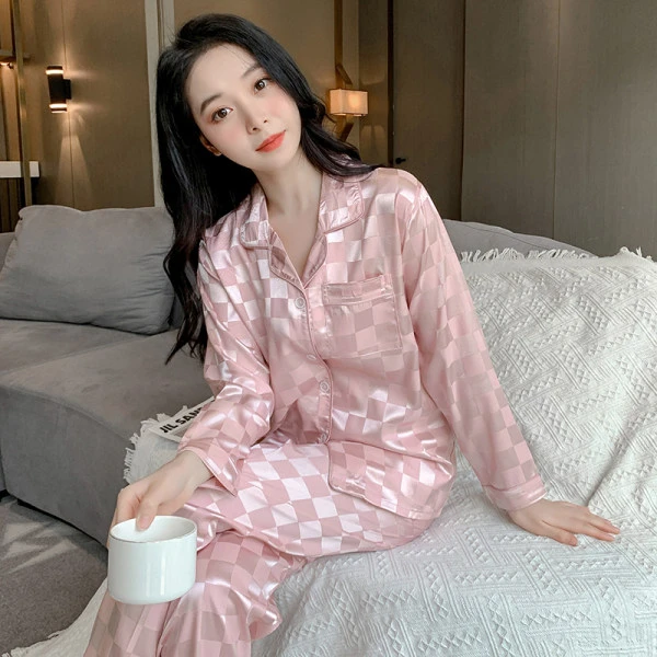 Spring and autumn new plaid jacquard ice silk pajamas women's trousers long-sleeved two-piece home service