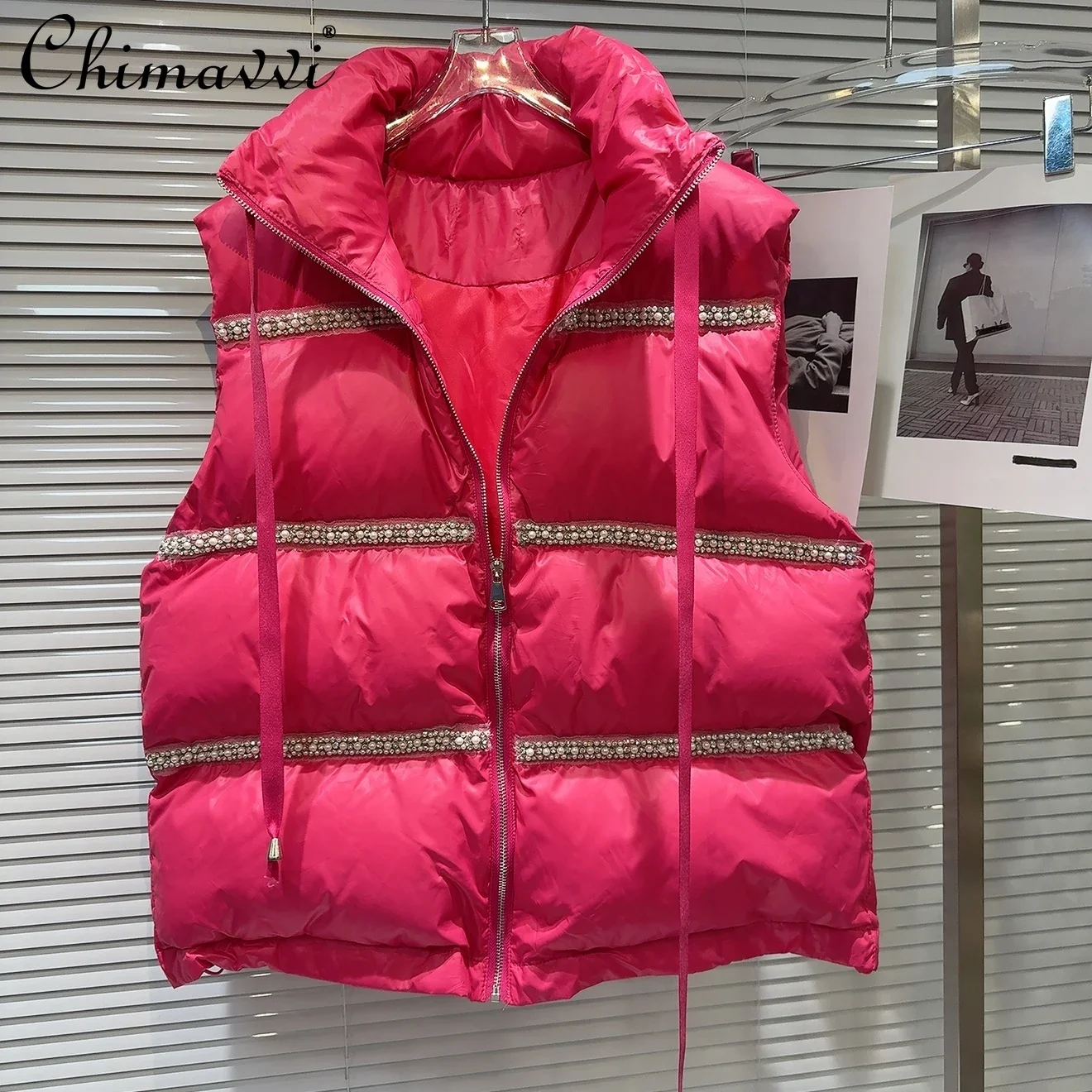 Новый зимний пуховый жилет с тяжелыми жемчужными бусинами толстовки капюшоном