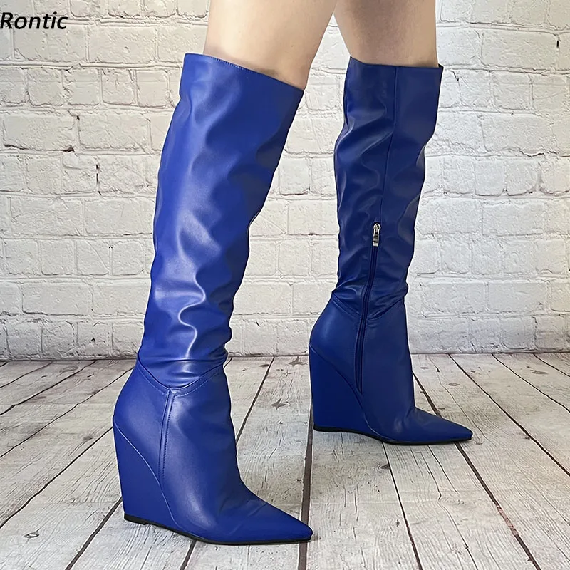 

Rontic Handmade Women Winter Platform Knee Boots Full Zipper Wedges HeelsPointed Toe Pretty Blue Banquet Shoes US Size 5-15