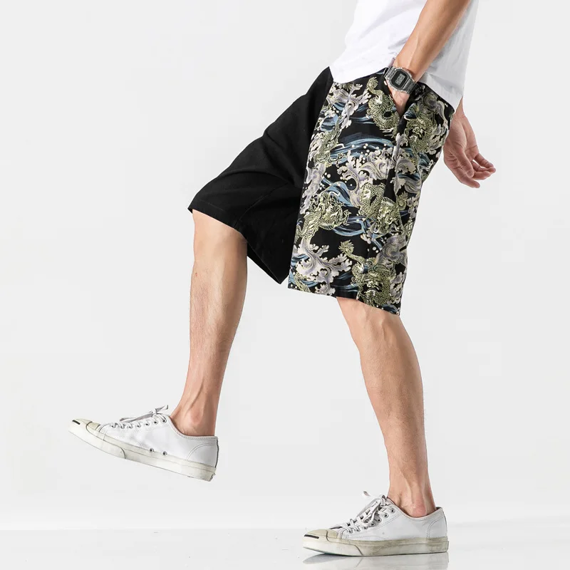 Chinese Style Print Crane Men Shorts Patchwork Contrast Cotton Lagre Size Trousers Casual Loungewear Lingerie Home Pant