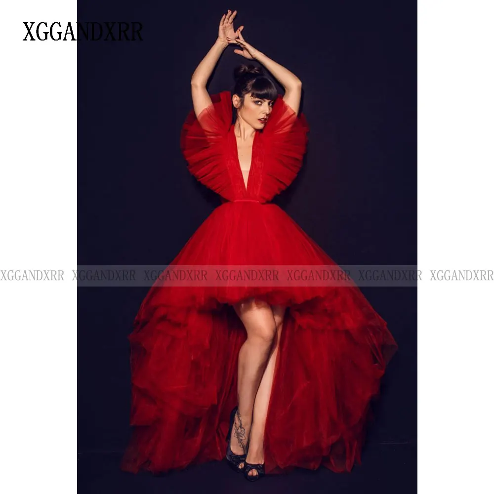 

Red High Low Prom Dress 2023 Matte Satin Layers Bow Ruffle Chapel Train Celebrity Evening Formal Party Gown Plus Size Birthday