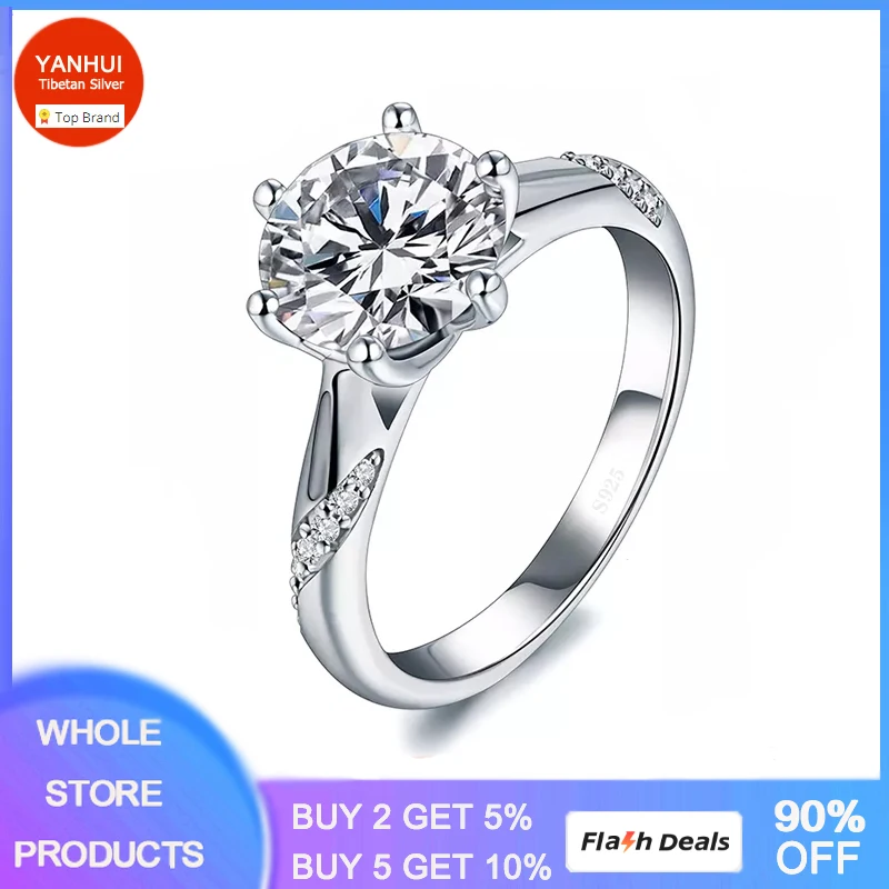 

YANHUI Tibetan Silver Ring Bride Wedding Jewelry Round Cut 1 Carat Cubic Zircon Engagement Band Women Gift