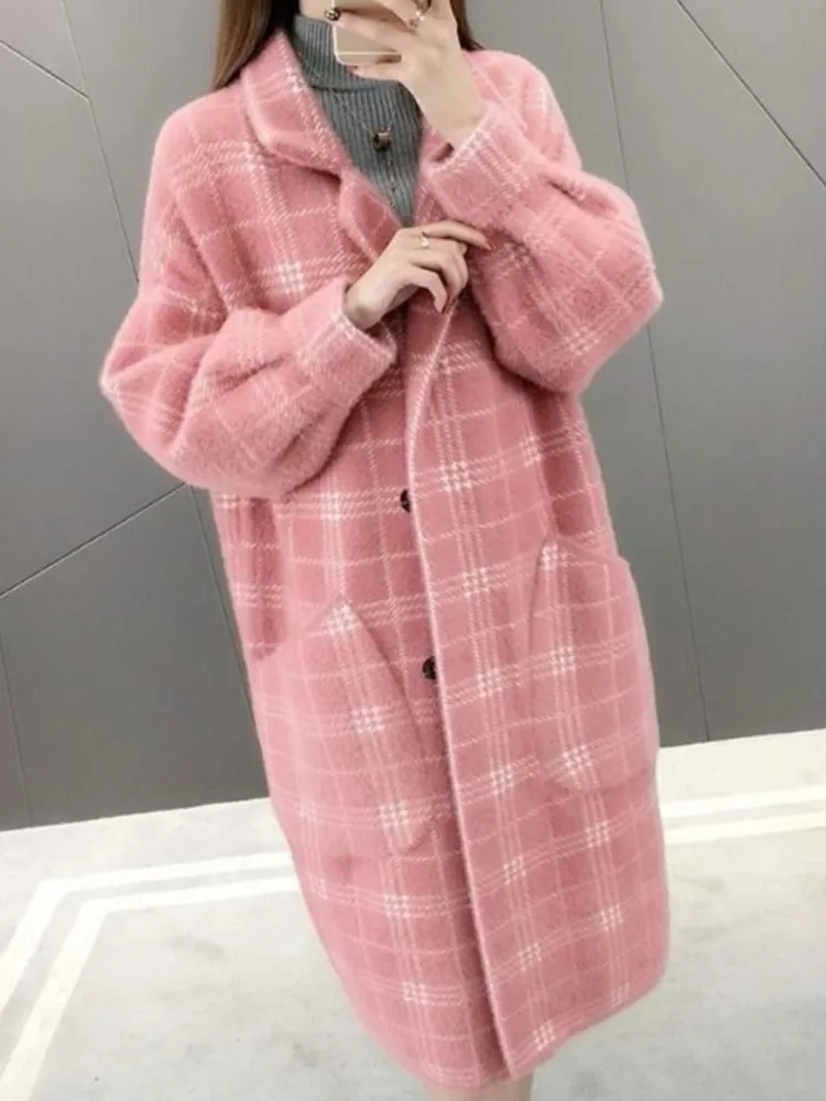 

Зимнее женское повседневное свободное шерстяное пальто в клетку, верхняя одежда большого размера с длинным рукавом, пальто, корейская мода,...