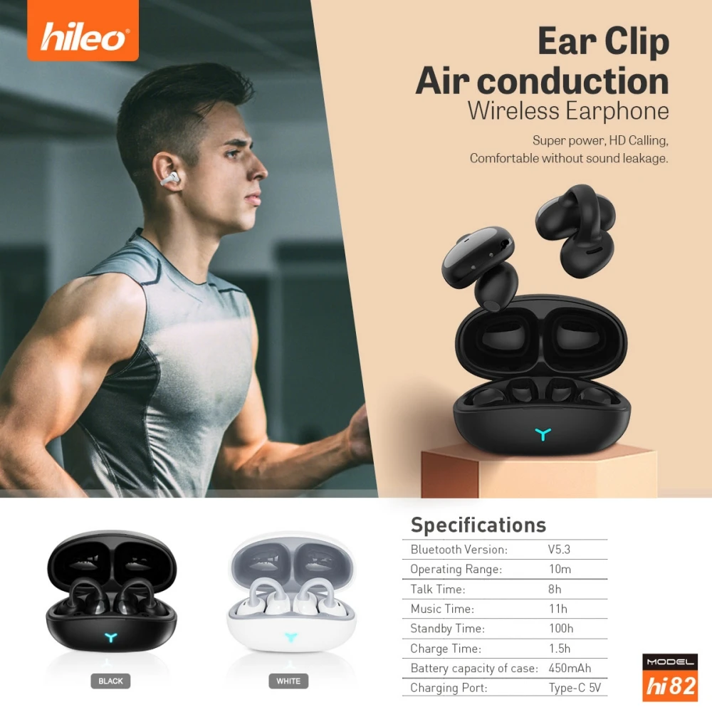 

Hileo Hi82 TWS Bluetooth Earphones Ear Clip Bone Conduction Wireless Headphones Sports Headset Mic Noise Reduction Waterproof