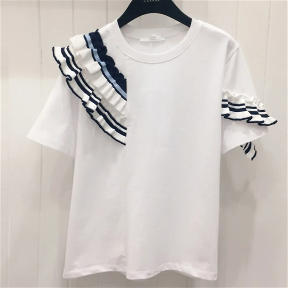 

White T-shirt Loose Short-sleeved Fungus Ruffled Stitching Design Bottoming Shirt Summer 2022 New Japan Korea Commuter Street
