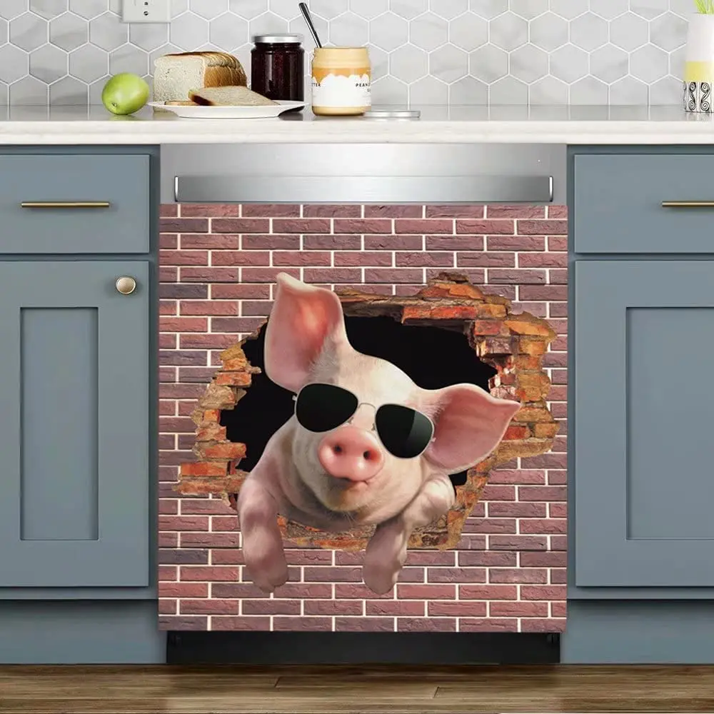 

Farm Pig Dishwasher Cover Kitchen Decorative,Country Red Brick Wall Dishwasher Magnet Fridge Decal Decor,Farmhouse Pig Refrigera