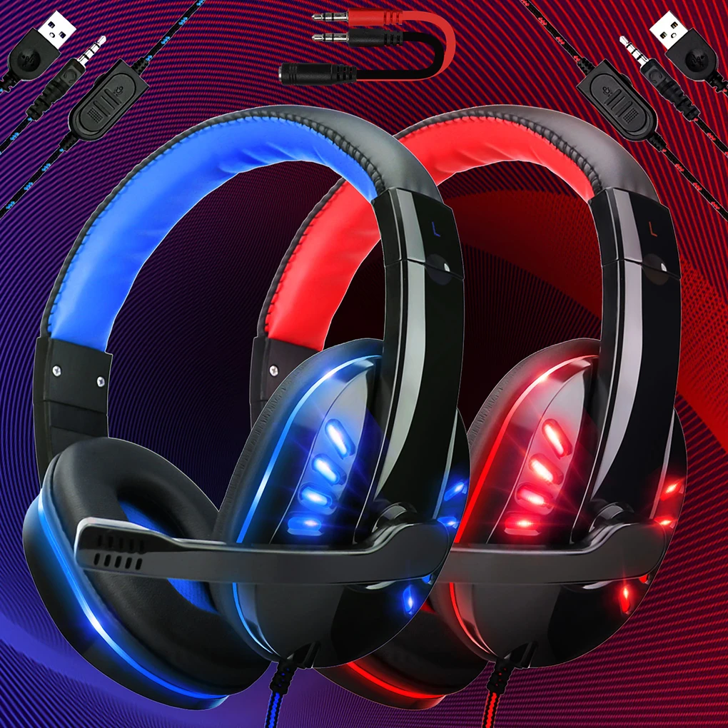 Gaming Headphone with LED Light 3.5mm USB Connector Computer Game Console Wired Control Headset Earphone, Black Blue