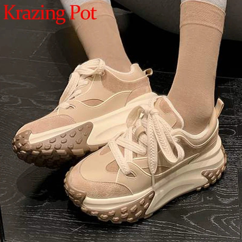 

Krazing Pot Hot Selling Cow Split Leather Round Toe Platform Lace Up Sporty Chic Sneakers Causal Leisure Cozy Vulcanized Shoes